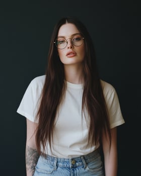 Trendy woman with glasses and long dark hair, casual fashion portrait photo