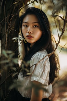 Portrait of a young woman with long dark hair standing in a lush natural environment photo
