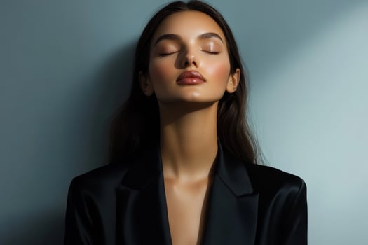 Elegant portrait of a woman in a black blazer with soft lighting and serene expression captured in a studio setting photo