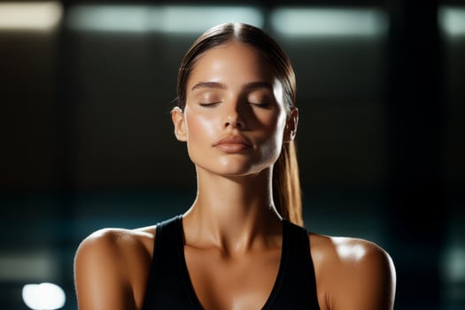 Meditation practice in a serene indoor environment during evening hours. A woman practices meditation in a calm indoor space, with her eyes closed and an expression of tranquility. photo