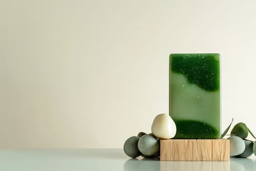 Green organic soap displayed on a wooden stand with botanical elements and a minimalist background photo