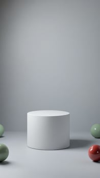 White cylindrical display surrounded by colorful spheres in a minimalist studio setting photo
