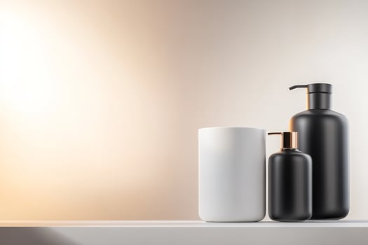 Modern display of black and white cosmetic containers on a minimalist shelf in soft lighting photo