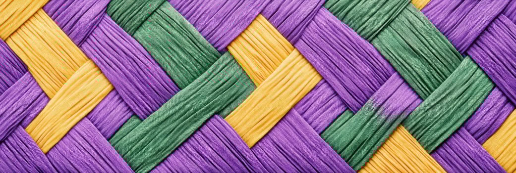Handwoven quilt showcasing intricate geometric patterns in purple, green, and yellow hues with exceptional craftsmanship photo