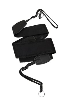 Black camera strap with adjustable length, durable nylon material, and quick-release buckles, suitable for photographers, isolated on a white back photo