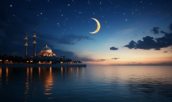 Mosque at night, crescent moon, tranquil scene, twilight photo