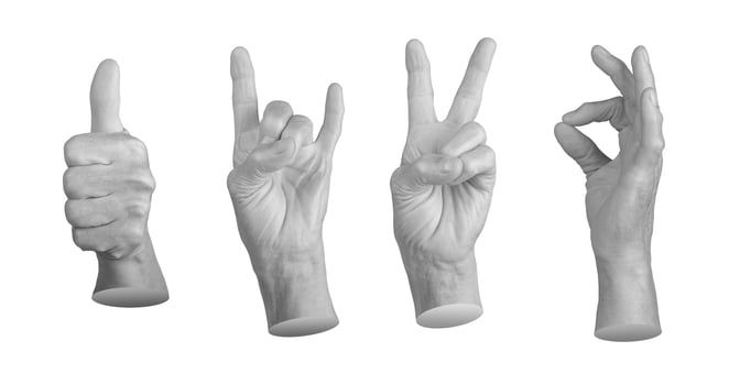 Set of elderly female hands making various approval gestures, including thumbs up and OK sign. photo