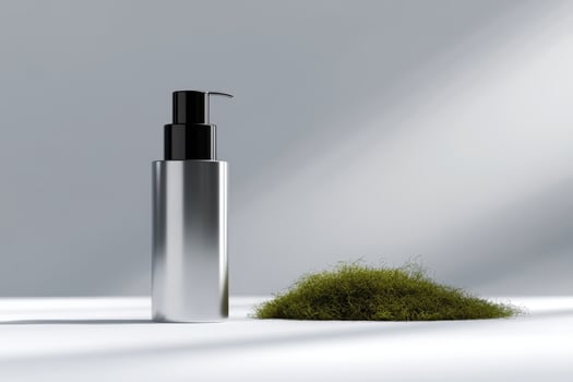 Natural organic skincare bottle beside green moss on a light surface in a minimalist setting photo