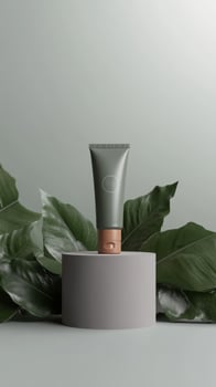 Luxurious skincare product displayed elegantly with green foliage on a neutral backdrop photo