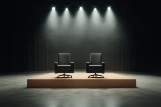 Two empty chairs on a lit stage in a dark setting waiting for a discussion or interview to begin photo