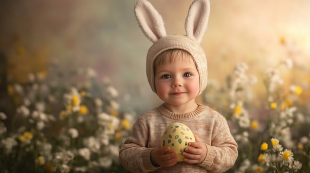 Cute little boy with bunny ears holding Easter egg on color background. 10 photo