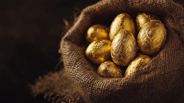 A burlap sack filled with golden chocolate eggs. 1 photo