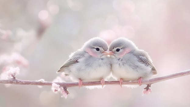 Two cute, gray little birds snuggling on a branch, with soft lighting and a blurred background. 16 photo