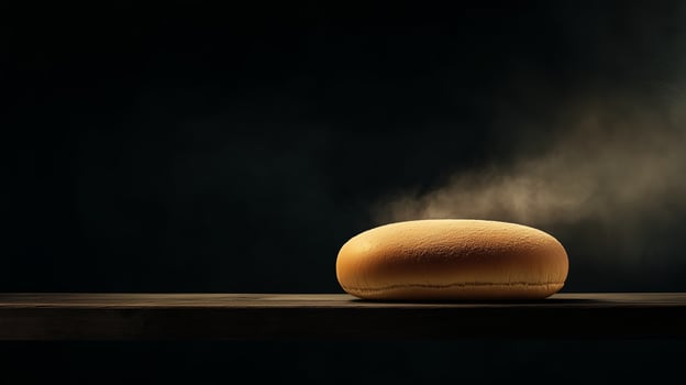 A round bread loaf with a golden crust placed on a wooden table against a dark background. 9 photo