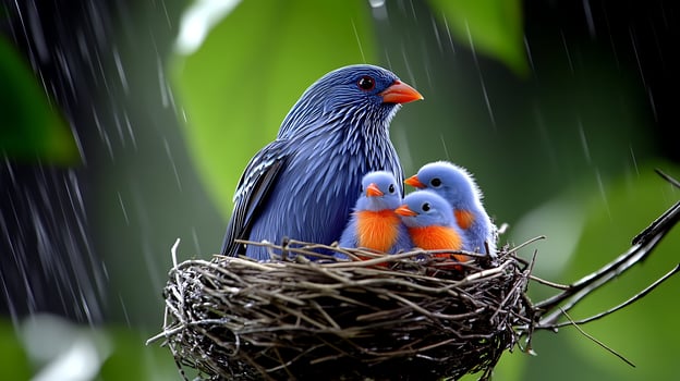 A mother bird shelters her vibrant blue and orange chicks in a rain-soaked nest amidst lush greenery photo
