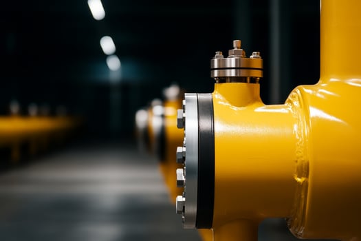 Industrial yellow pipelines in a dark, spacious facility with focused lighting photo