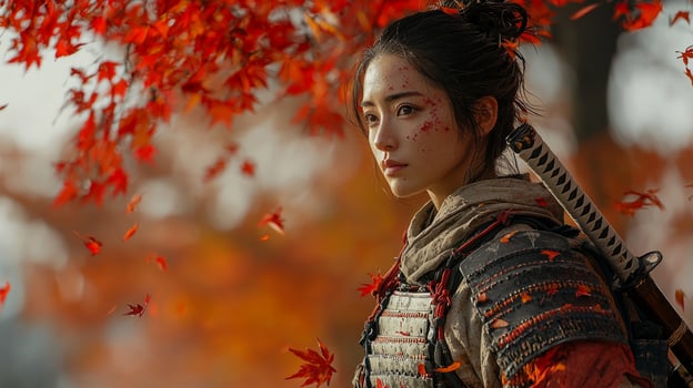 Confident female samurai stands in elegant armor amidst vibrant autumn landscape. Red and orange leaves fall around her as she wields naginata embodying strength and grace photo