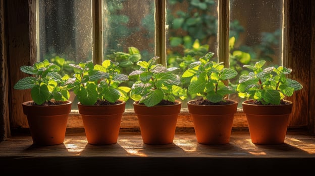row of small pots filled lush green mint plants enjoys sun exposure on windowsill enhancing cozy kitchen ambiance fresh fragrances and vibrant colors photo