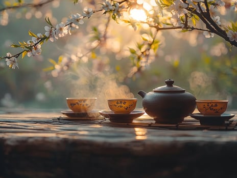 traditional Japanese tea ceremony unfolds outdoors beneath blooming plum tree showcasing beautiful tea utensils. Soft sunlight enhances tranquil atmosphere of serene moment photo