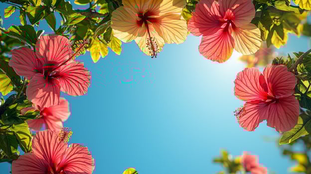 branch of hibiscus flowers displays vibrant red and yellow petals bright sunlight creating striking contrasts against clear tropical sky dramatic shadows photo
