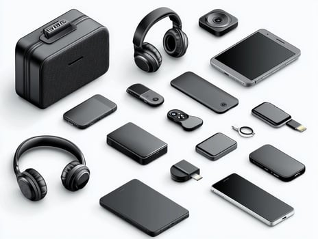 mockup showcases collection of tech gadgets designed in isometric view featuring stylish headphones sleek power bank and modern smartphone all ready for branding and customization photo