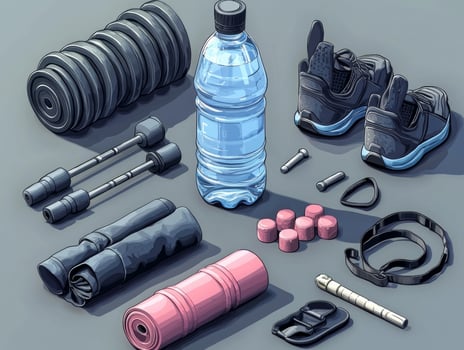 professional flat design mockup showcases sports water bottle customizable label surrounded essential gym gear on sleek grey background for modern touch photo