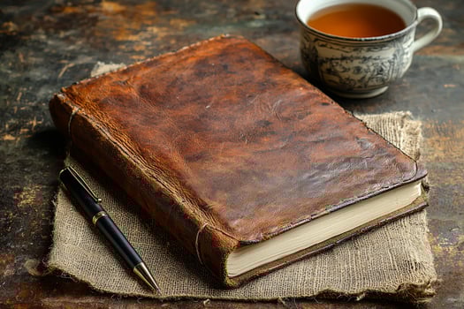 professional flat design mockup showcases leather journal on rustic table. Nearby sits cup of tea and sleek pen creating inviting writing atmosphere perfect for reflection photo