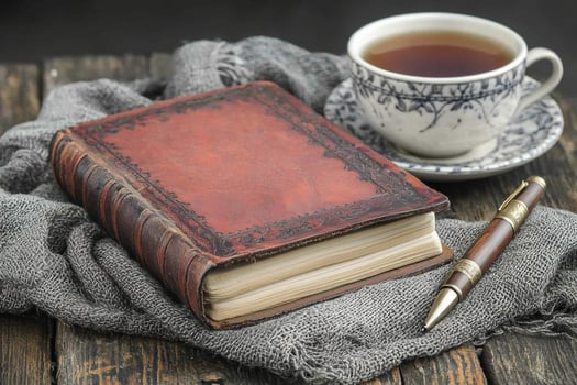 medium shot showcases beautifully crafted leather journal resting on rustic table. Next it sits cup of tea and polished pen creating cozy ambiance perfect for writing photo