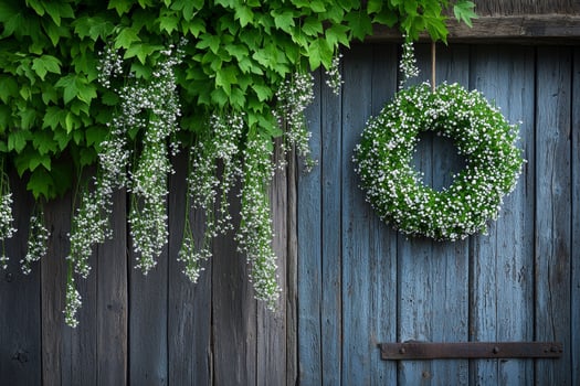 beautiful arrangement of fresh greenery and small white flowers is suspended from rustic wooden door. warm natural lighting enhances textures and colors of scene photo