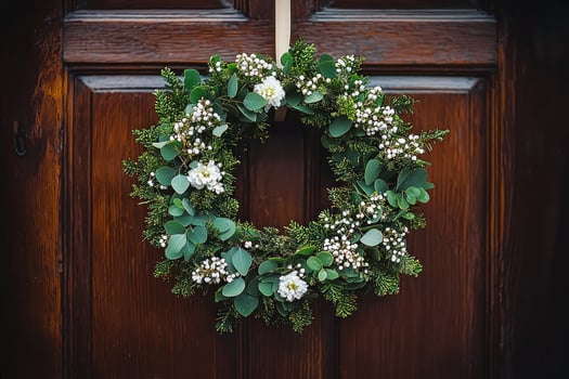 vibrant wreath made of fresh green foliage and delicate white flowers is beautifully showcased against dark wooden door illuminated warm natural light photo