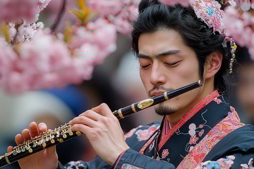 skilled musician plays flute vibrant canopy of pink blossoms. Their traditional costume harmonizes beautifully springtime ambiance photo