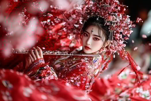 talented musician creates melodic tunes on flute while surrounded vibrant pink blossoms. Their traditional costume harmonizes beautifully spring scenery photo