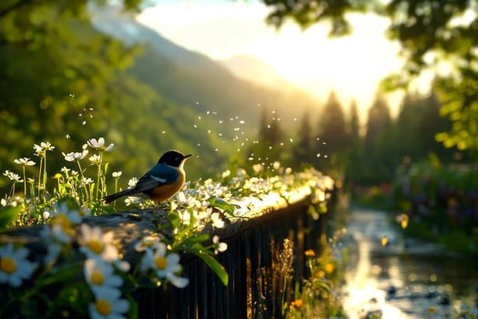 robin sits gracefully on rustic wooden garden fence. It fluffs its colorful feathers while surrounded vibrant wildflowers. soft morning mist adds serene atmosphere photo