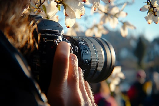 photographer is positioned capture stunning dogwood tree in full bloom. camera is framed vibrant white blossoms highlighting joy of spring and art of nature photography photo
