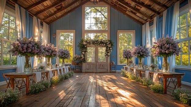 Long tables are elegantly arranged vases of vibrant lilacs and lush greenery while sunlight filters through sheer curtains creating warm atmosphere perfect for spring gathering photo