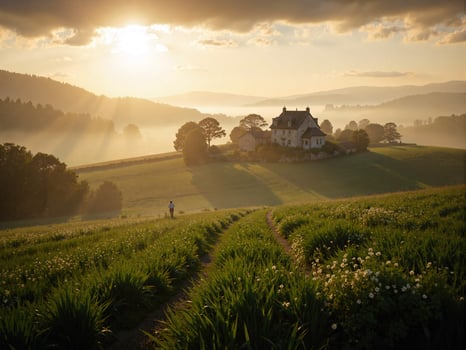 A man walks through a field with a house in the background photo