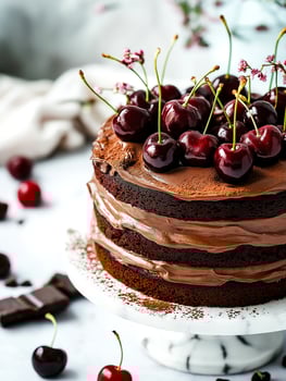 Chocolate Sponge Cake with Cherries on Marble Stand photo