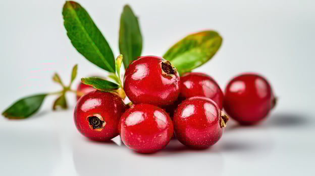 Red berries on a leaf white backdrop photo