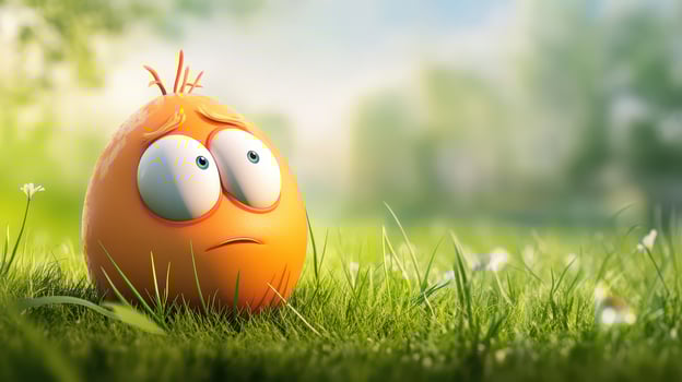 An orange egg sitting in the grass with a sad face photo