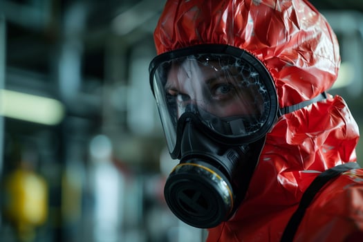 A person wearing a gas mask and red suit photo