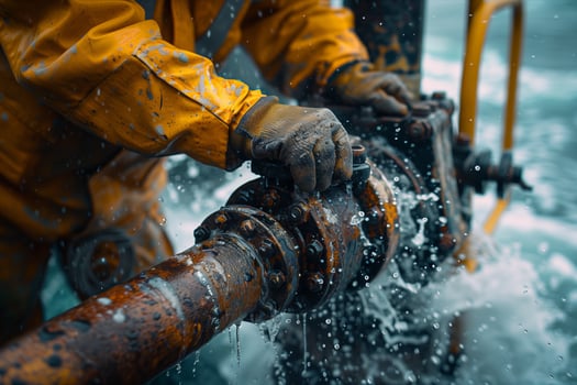 A man in yellow rain gear is working on a pipe photo