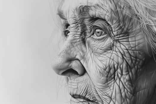 An old woman's face is shown in black and white photo