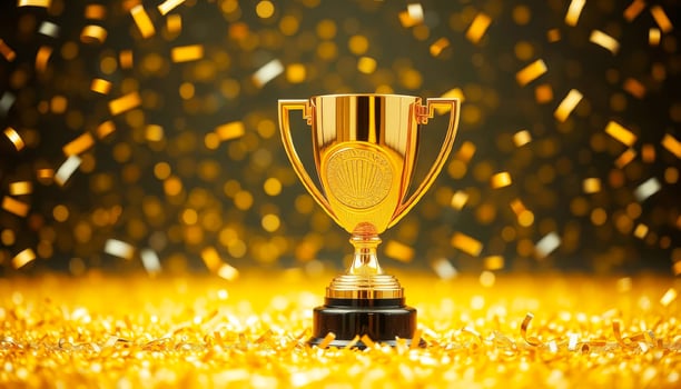 Golden trophy cup on gold confetti background with copy space for winner or victory photo