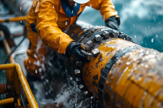 A man in a yellow rain suit is working on a pipe photo