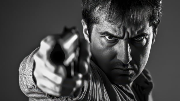 A man pointing a gun at the camera photo