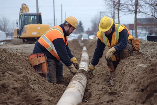 Construction workers installing pipeline in trench photo