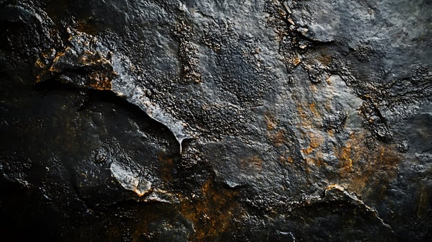 Dramatic, dark stone texture with hints of oxidation. The rough surface and deep shadows create a strong sense of depth and ruggedness. photo