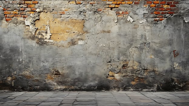Weathered concrete and brick wall with exposed brick and cracked, crumbling texture, creating a stark contrast and vintage aesthetic. photo