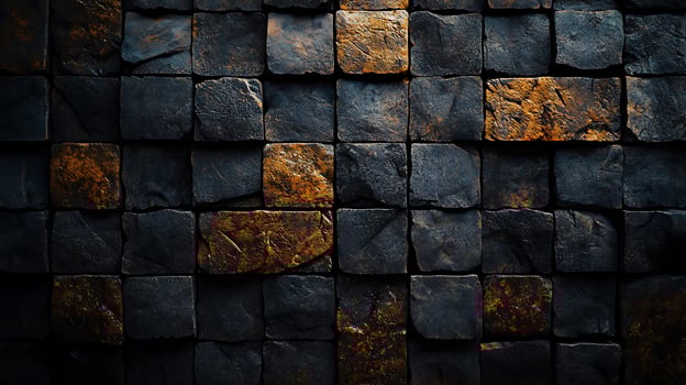 A textured wall of dark, stone-like cubes with varying shades of brown, creating an abstract architectural element and natural design. photo