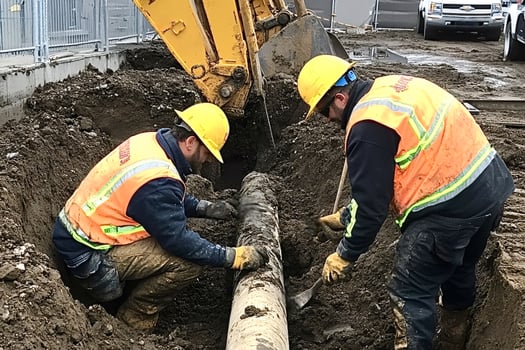Construction workers repairing underground pipeline with excavator assistance photo